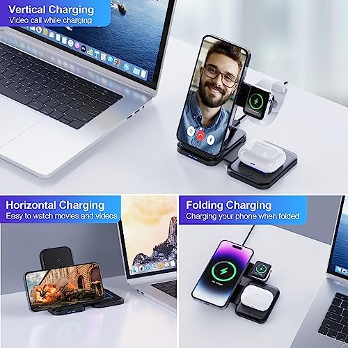 BEYIMEI 3 in 1 Wireless Charging Station: Fast, Multi-Device Power Hub for i Phone 15-8 Plus, Apple Watch Series 8-3, and Air Pods Pro 3 & 2 – Streamlined Convenience and Enhanced Compatibility for Effortless Charging