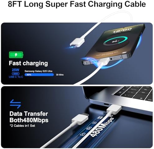 High-Speed 25 W Type C Wall Charger for Samsung Galaxy S25 Series – Includes Dual 10 FT USB-C Cables for Enhanced Flexibility and Safety – Lightning-Fast Charging with Compact Design for Travel Enthusiasts and Everyday Users