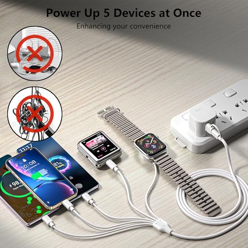 Ultimate 5-in-2 Multi-Device Charging Cable for Apple Watch and Smartphones – High-Speed USB A/C Input with Versatile Lightning, Type C, Micro, and Mini Outputs – Compatible with i Phone 15-13, i Watch 1-9, Galaxy S23-22 – 4 FT Length for Unmatched Portability and Everyday Use – Perfect for Travel and Daily Charging Solutions