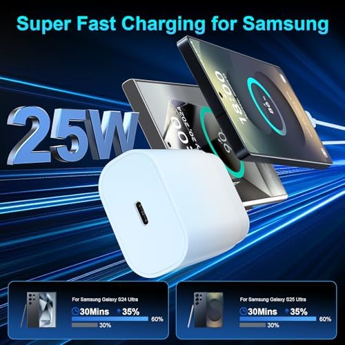 High-Speed 25 W Type C Wall Charger for Samsung Galaxy S25 Series – Includes Dual 10 FT USB-C Cables for Enhanced Flexibility and Safety – Lightning-Fast Charging with Compact Design for Travel Enthusiasts and Everyday Users
