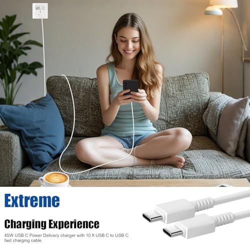 Samsung 45 W Super Fast USB-C Charger Duo with 10 FT Cable – Ultimate Power Solution for Galaxy Devices, Rapid Dual Device Charging with Enhanced Safety Features, Ideal for Home and Office Use