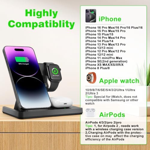 3-in-1 Fast Wireless Charging Station for i Phone 8-16, Apple Watch Series 2-10/Ultra/SE & Air Pods Pro – Sleek Multi-Device Charger for Home and Office, Tangle-Free Power Solution with Enhanced Safety Features