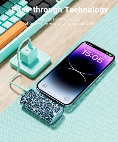 Bling Small Portable Charger: 6800 m Ah Ultra-Compact Power Bank with Fast 5 V/3.1 A Charging, Built-in i OS Connector for i Phone 14 to 5 Series, Trendy Blue Shimmer Finish with Convenient Flashlight – Perfect for On-the-Go Charging and Everyday Emergencies