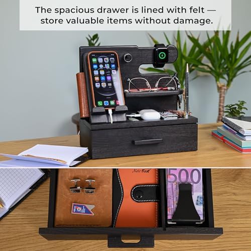 TESLYAR Wood Phone Docking Station with Drawer – Nightstand Organizer – Desk Organizer for Husband – Birthday Gifts for Men, Dad, Anniversary Idea, Key Holder Stand Watch & Accessories (Bourbon Brown) – Enhanced Compatibility and Speed