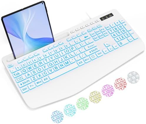 SABLUTE Ergonomic Large Print Backlit USB Keyboard – 7-Color Customizable Illumination, Oversized Letter Keys for Enhanced Visibility, Built-in Wrist Rest & Phone Holder for Ultimate Comfort – Perfect for Seniors & Nighttime Typing on Laptops & PCs