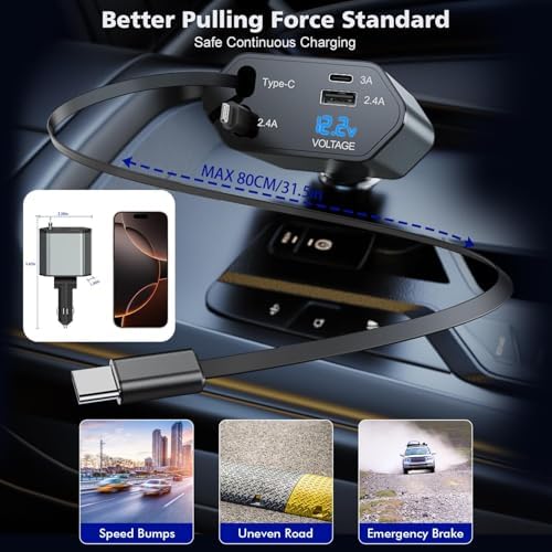 Fast Charge Dual USB-C Car Charger for i Phone 16/16 Pro Max/15 with Braided Nylon Cable – High-Speed PD3.0 Adapter for Convenient On-the-Go Charging – Durable, Compact Design for i Pad Compatibility – Tangle-Free Solution for Everyday Use – Essential Road Trip Companion