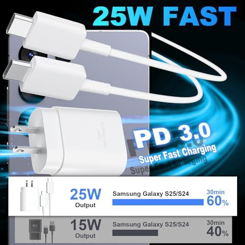 25 W Ultra-Fast Samsung Charger with 6.6 FT USB-C Cable | Rapid Charging Solution for Galaxy S25/S24/S23/S22/S21/Note Series | High-Speed Performance & Safety Features for On-the-Go Users | Ideal for Travel & Everyday Use | Boost Your Device’s Battery Life Effortlessly