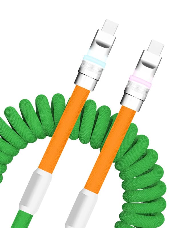 Neon Chubby Spiral Charge Cable – Vibrant 2.29-3.6 FT Type-C Coiled Charger for USB-C and Carplay Devices, Fast Sync and Charge, Tangle-Free Design in Bold Purple and Light Green, Perfect for Smartphones and Tablets