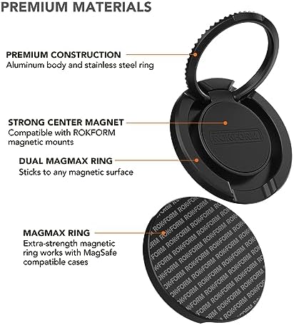 Rokform Sport Ring Grip & Stand – Mag Safe Compatible Metal Phone Holder for Superior Stability and Hands-Free Convenience – Sleek Black Accessory Enhancing Active Lifestyles and Everyday Use with Adjustable Features for Enhanced Phone Control and Versatile Viewing