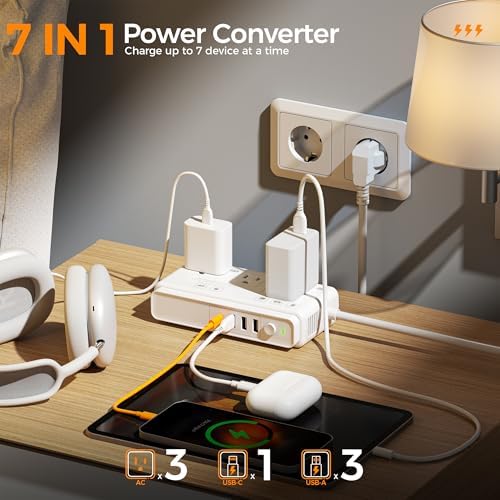 TESSAN 220 V to 110 V Universal Voltage Converter – All-in-One Global Travel Adapter with 4 USB Ports Including Rapid USB-C and 3 AC Outputs for Worldwide Device Compatibility – Compact and Durable Power Transformer for Effortless International Charging