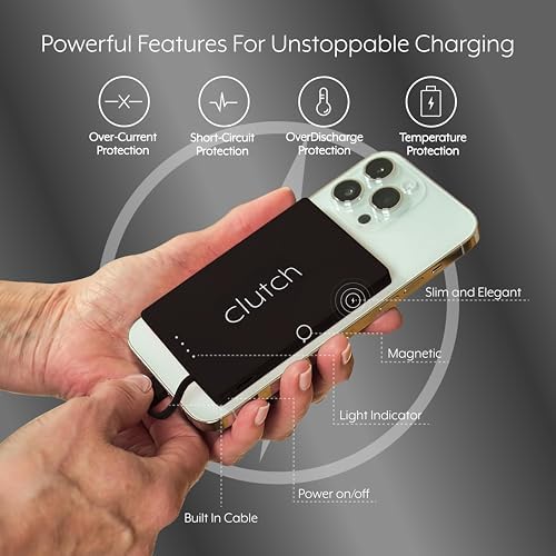 Lightweight Clutch Pro 5000 m Ah Portable i Phone Charger – TSA Approved Magnetic Power Bank for Travel – Built-in Lightning Cable – Perfectly Compatible with i Phone 14 & Earlier Models – Secure, Hassle-Free Charging at Just 3.7 oz – Elevate Your Travel Experience with Reliable Power Solutions
