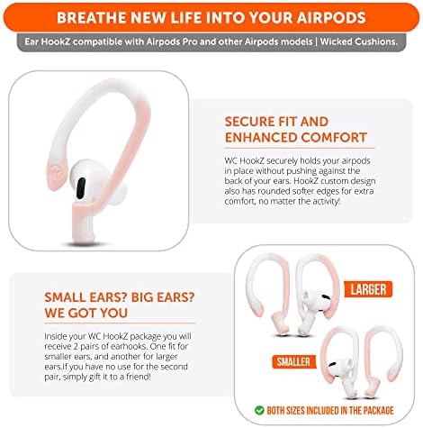 Patented WC Hook Z – Upgraded Over-Ear Hooks for Air Pods Pro 1, 2 & Air Pods 1, 2, 3 | Secure Fit Earbud Accessories with Unique Left & Right Design | Two Size Pairs Included | Winter White | Premium Quality by Wicked Cushions for Maximum Comfort and Stability