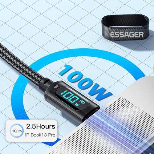 Revolutionize Your Charging Experience: ESSAGER 100 W USB-C to USB-C Cable with Innovative LED Display – Ideal for i Phone 15 Pro Max, Mac Book, Galaxy S23 & More – Durable 6.6 ft Braided Nylon for Ultimate Performance and Convenience