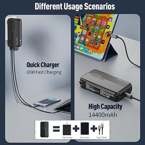 Ultimate 2-in-1 Portable Charger Power Bank with 14,400 m Ah Capacity & Ga N 65 W Wall Charger – Fast Charging USB-C Solution for Phones, Mac Book Pro/Air, Dell XPS, Pixel 7 – Unmatched Efficiency & Versatility for On-the-Go Power Needs