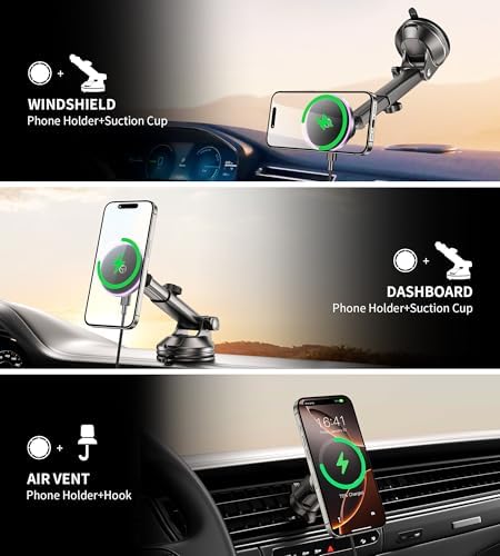 Mag Safe Wireless Car Charger Mount – Ultimate Magnetic Phone Holder for i Phone 12-16 Series, Dash/Windshield/Vent Compatibility, Enhanced Quick Charge with LED Light for Safe Navigation and Seamless Connectivity