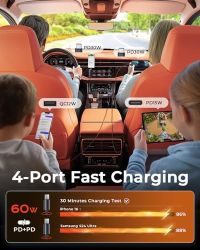Upgraded MRGLAS Retractable 69 W USB C Car Charger with Dual Type C Cables – 4-in-1 Fast Charging Solution for i Phone 16/15, i Pad, Samsung Galaxy, and Pixel – Compact, Portable, and Compatible Car Accessory for Effortless Power on the Go
