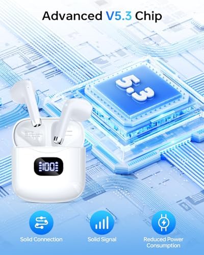 Premium Bluetooth 5.3 Wireless Earbuds with 40-Hour Playtime | IPX7 Waterproof In-Ear Headphones for Sports and Everyday Use | Ergonomic Comfort Fit with Superior Sound and Clear Calls | Sleek White Design with LED Charging Case | Universal Compatibility for All Devices