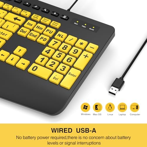 SABLUTE Ergonomic Large Print Wired Keyboard with Wrist Rest & Phone Holder – Perfect for Enhanced Visibility and Comfort in Windows, Desktop & Laptop Use – Eye-Catching Yellow Design for Effortless Typing Experience