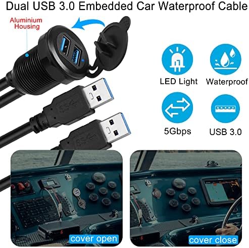 Revolutionize Your Vehicle’s Connectivity with QIANRENON Waterproof Dual USB 3.0 Extension Cable – 2 Male to 2 Female Configuration, 6.5 ft Length, LED-Illuminated Aluminum Housing for Secure Instrument Panel Mounting, Perfect for Cars, Boats, and Motorbikes