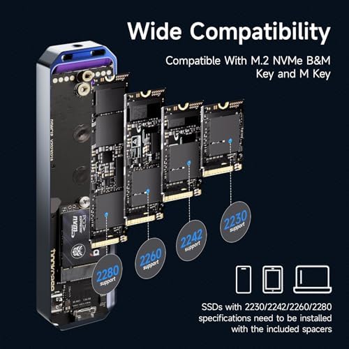 PHOTOOLEX M.2 NVME SSD Enclosure with Smart Screen Display – 10 s Power Loss Protection, USB 3.2 Gen 2 (10 Gbps) for Enhanced Data Security and Speed – Versatile PCIe M-Key/B&M Key Support for 2230/2242/2260/2280 SSDs – Ultimate Solution for Fast, Reliable Storage Expansion