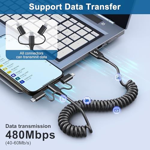 Versatile Coiled USB to USB-C & Lightning Cable Combo for i Phone and Android – MFi Certified Fast Charge & Data Sync up to 3 A – Tangle-Free Design for Apple Car Play & Android Auto Compatibility – Durable, High-Quality Charging Solution for Seamless Connectivity on the Go