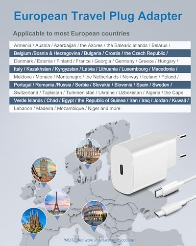 European Travel Plug Adapter with 20 W USB-C Fast Charging Block – Essential Power Adapter for Seamless US to EU Connectivity, Includes 6 FT USB-C Cable for Enhanced Versatility – Ideal for i Phone 16, 15 Pro Max, i Pad, and Samsung Devices