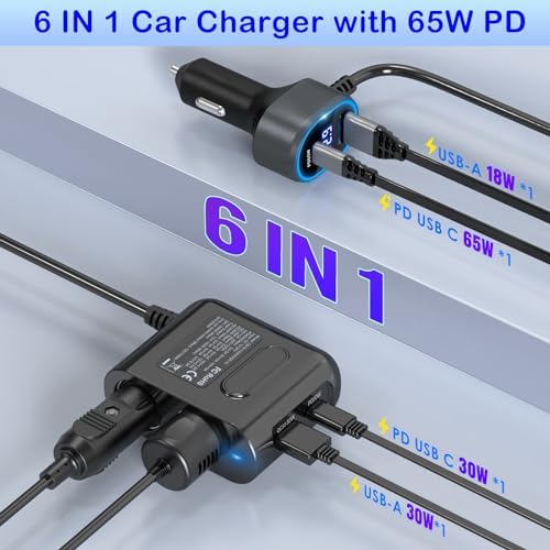 Dual Socket 12 V Car Cigarette Lighter Splitter with PD 65 W Fast Charging Port – 300 W Multi-Port USB Charger and Voltage Monitor for Enhanced Device Compatibility and Safety Features – Perfect for Road Trips and Daily Commuting