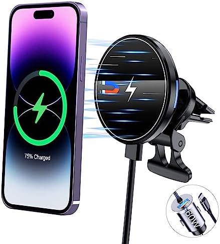 Magnetic Wireless Car Charger Mount for i Phone 16 & 15 – 15 W Fast Charging Air Vent Holder with 60 W Adapter – Secure Mag Safe Compatibility for Effortless Navigation and Hands-Free Driving