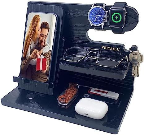 Gifts for Dad Men Mom Women from Daughter Son Birthday Gifts Nightstand Organizer Mens Wood Phone Docking Station (Black) – Enhanced Compatibility and Speed