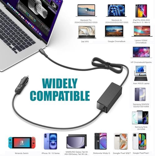 Ultimate HKY 100 W USB-C Car Charger for Laptops – Rapid Charging for Lenovo, Dell, Mac Book, HP & More – Travel-Friendly DC Adapter for All USB-C Devices – Compact, Safe & Energy Efficient – Perfect for Cars, RVs, and Trucks – High-Speed Power Delivery for Ultimate Convenience – Compatible with Multiple Models Including Think Pad, XPS, and Chromebook – 8.53 ft Cord for Flexibility – Built-in Safety Features for Overcurrent & Overvoltage Protection – Your Go-To Car Charger for On-the-Go Power Needs