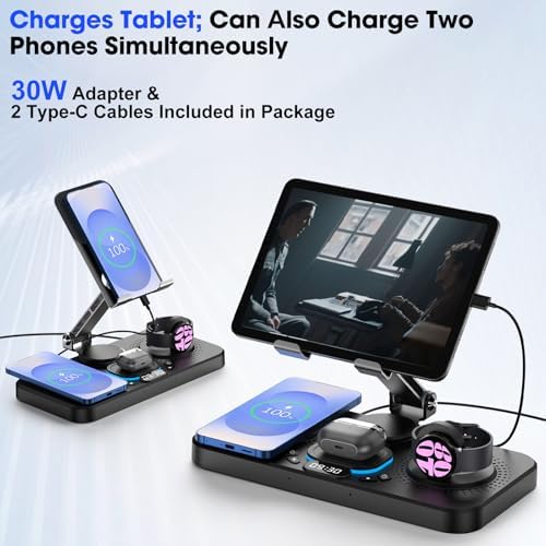 30 W Magnetic Wireless Charging Station with 12-Hour Clock & 7 Color Ambient Light for Samsung Devices – Fast Charging Hub for Galaxy Tab, Galaxy S25 Ultra, Samsung Watch 7, and Galaxy Buds3 Pro – Portable, Foldable Design with Adjustable Tablet Stand for Travel – Comprehensive Safety Features for Optimal Performance