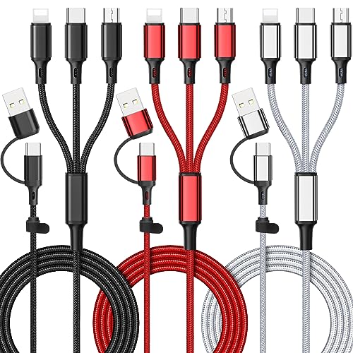 Versatile 6 in 1 Multi Charging Cable [3 Pack, 4 FT] – Durable Nylon Braided Fast Charging Cord for USB A/C, Micro USB, and Lightning Devices – Universal Phone Charger for Home, Office, and Travel – Enhanced Compatibility for All Smartphones and Tablets