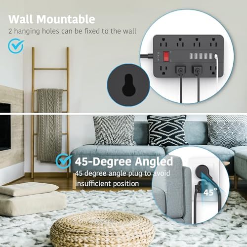Compact Surge Protector Power Strip with 8 Outlets & 6 USB Ports – AOFO 5 ft Flat Extension Cord for Travel, Office & Dorm – Durable Design with USB-C Fast Charging, Enhanced Safety & Space Efficiency