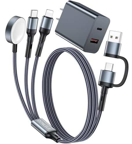 4 FT USB-C Multi-Device Charging Cable Duo for Apple Watch and i Phone – Superior 3-in-2 Charging Solution for i Watch Models and i Phone 16/15/14/13/12/11 & Galaxy S23 – Enhanced Rapid Charging, Exceptional Durability, and Total Convenience for Mobile Users