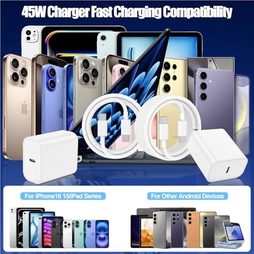 Ultimate 45 W USB-C Fast Charging Bundle for i Phone 16/16 Pro Max & 15/15 Pro Max – Dual 10 FT MFi Certified Type C Cables Included, PD 3.0 Compatible for i Pad Pro, Mac Book M1/M2, Air Pods – Compact & Portable Power Solution