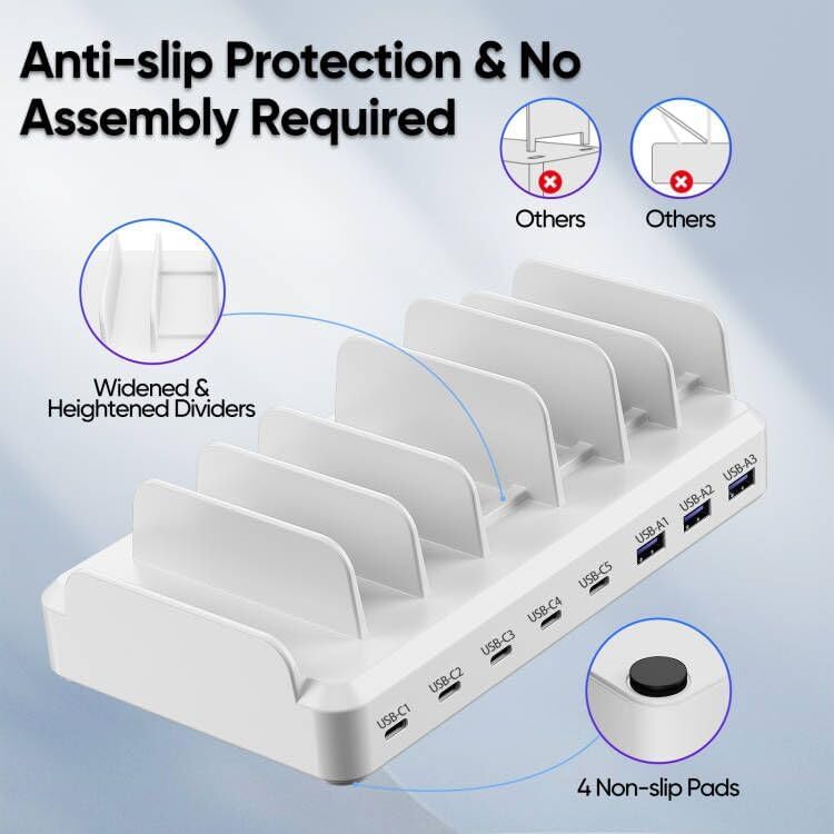High-Power 300 W Multi-Device Charging Station: 8-Port USB-C Fast Charger Dock with 6 Cables for Mac Book, i Phone 16/15/14/13/12, Samsung, Pixel & i Pad – Sleek White Design for Ultimate Efficiency and Versatility