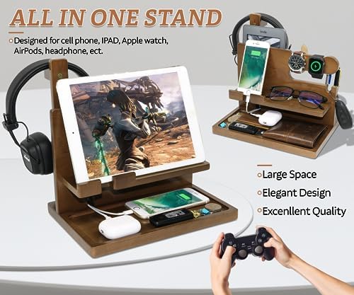 Wooden Phone Docking Station for Men – Nightstand Organizer with Key Holder, Wallet Stand, Watch Organizer and Headphone Holder – Anniversary Birthday Mens Gifts Idea for Dad Husband Boyfriend Uncle – Enhanced Compatibility and Speed