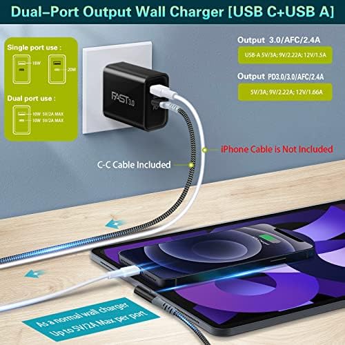 Dual Port Fast Charging Wall Adapter with 10 FT Right-Angle USB C Cable – 20 W USB-C Power Block for i Phone 16/15, Samsung Galaxy S25 Ultra, S24, S23, S10 – Efficient Charging Convenience for Home, Office, and Travel