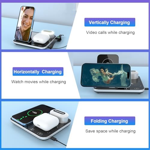 4-in-1 Wireless Charging Station with Ambient Light – Fast Qi-Compatible Charger for i Phone 15, 14, 13, 12, 11 Pro Max, XR, XS, Perfect Foldable Charging Stand for Apple Devices and Travel Convenience