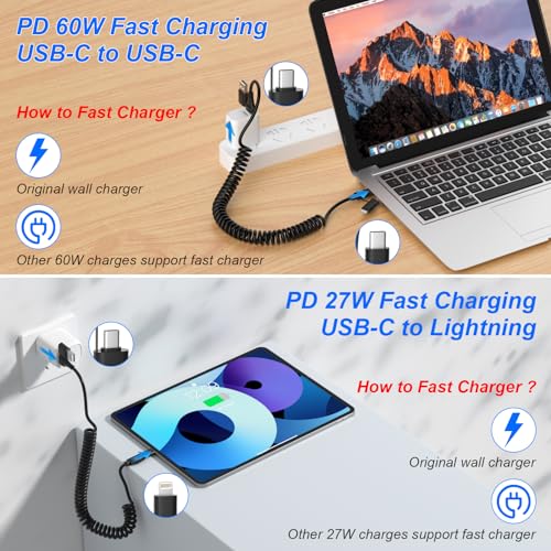 Ultimate 4-in-1 MFi Certified USB C and Lightning Charging Cable – 60 W Fast Charge & Data Sync for Apple Car Play & Android Auto – Tangle-Free Coiled Multi-Device Charging Solution for i Phone, Android, i Pad, and Laptops – Premium Compatibility & Speed Enhancement