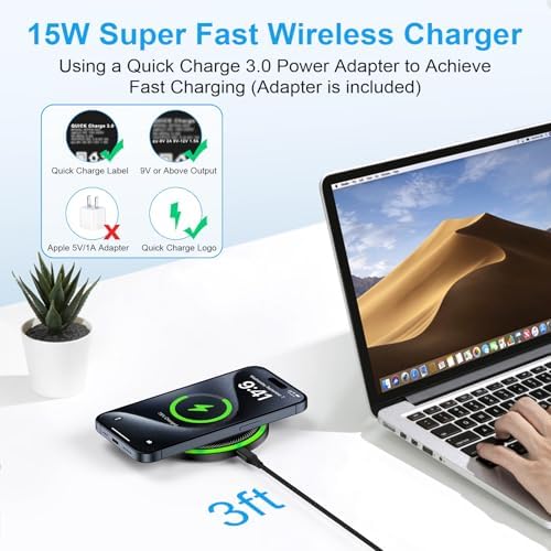 High-Speed 15 W Wireless Charger Pad for Google Pixel 9, Samsung Galaxy S25 & Moto G Stylus 5 G – Ultra-Fast Charging with Adapter, Case-Friendly Design, Compact & Portable for Travel Use, Enhanced Safety Features Included