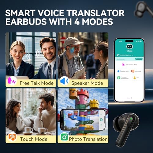Transformative Language Translation Earbuds: Cutting-Edge 3-in-1 Bluetooth Headphones for Instant Communication in 150 Languages, Advanced Noise-Cancelling Features, Ideal for Travelers, Includes Complimentary 2-Year Service Subscription, Fully Compatible with i OS & Android Devices