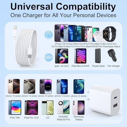 Ultimate 20 W Dual-Port i Pad Charger Bundle – Fast Power Delivery & Quick Charge Adapter with 6 FT & 10 FT Lightning Cables for i Pad 9/8/7, Air, Mini, Pro & i Phone – Efficient Charging Solution for On-the-Go Professionals