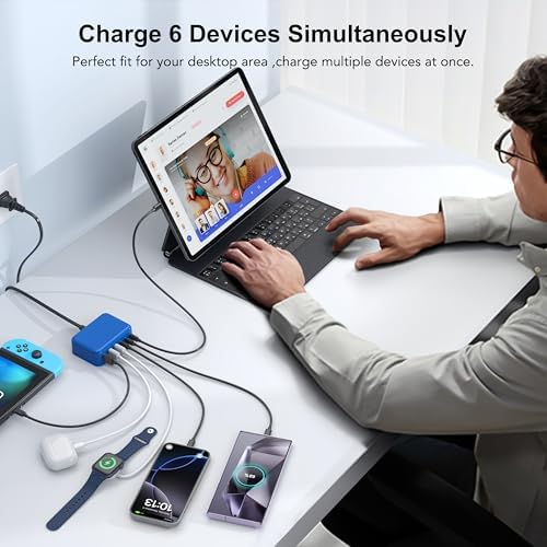BREEKET 100 W USB C Fast Charger Hub – 6-Port Ga N Charging Station with 3 USB-A & 3 USB-C Connections – High-Speed Wall Adapter for i Phone 15/14/13/12/11 Pro Max, i Pad, Google Pixel & Samsung Galaxy Devices – Compact, Safe & Stylish Power Solution