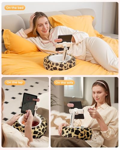 Leopard Print Kindle Pillow Stand – Plush Multi-Functional Tablet Holder with Integrated Snack & Cup Holders for Ultimate Hands-Free Comfort at Home – Compatible with Kindle, i Pad, and Smartphones – Perfect Cozy Reading Accessory for Bed & Couch Relaxation