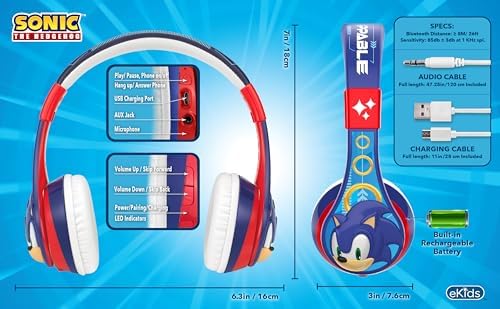 Sonic the Hedgehog Bluetooth Headphones for Kids – Safe Volume-Limited Over-Ear Design with Built-In Mic for Effortless Hands-Free Calls, Perfect for School, Travel, and Home Use – Dual Connectivity with Aux Cord for Ultimate Comfort and Versatile Listening