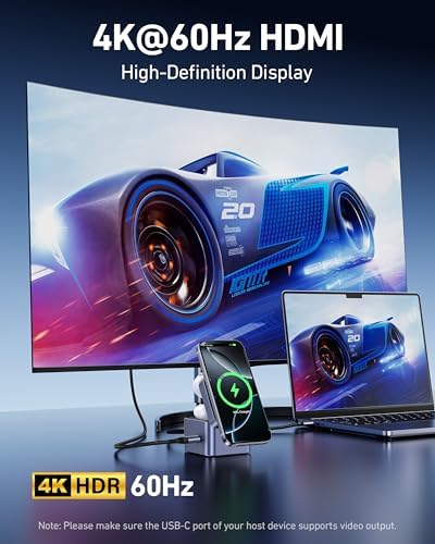 Ultra-Compact BENFEI 3-in-1 Mag Safe Wireless Charger Stand with USB-C Hub – Fast Charging Station for i Phone 16/15/14/13/12, Apple Watch & Air Pods, Featuring HDMI (4 K@60 Hz), 100 W PD, 2 USB 3.0 Ports for Enhanced Connectivity – Travel-Friendly Design with Adjustable Viewing Angles