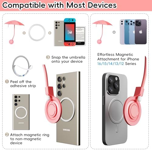 Portable Black Magnetic Phone Umbrella with Adjustable 360° Shade, Foldable Sun Protection & Built-in Ring Holder – i Phone 12-16 Compatible and More Devices, Magnetic Sticker for Quick Setup and Enhanced Functionality