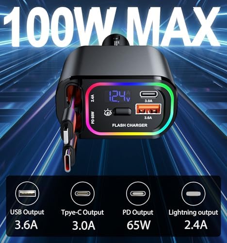 Ultra-Fast 100 W Retractable USB C Car Charger – 4-in-1 Multi-Device Fast Charging Solution with RGB Light for i Phone, Samsung, Android & Laptops – Compact Design for Effortless Portability and Tangle-Free Storage
