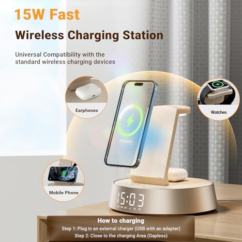 Revolutionize Your Nighttime Routine with the FREEFISH 7-in-1 Wireless Charging Station: Multi-Device Charger for i Phone 16-11 Pro Max, Apple Watch, and Air Pods Pro – Features Alarm Clock, Dimmable Night Light, and Bluetooth Speaker for Ultimate Convenience and Style